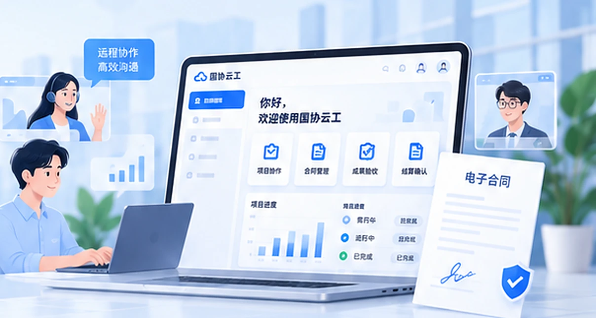 远程协作、项目管理与电子合同示意图